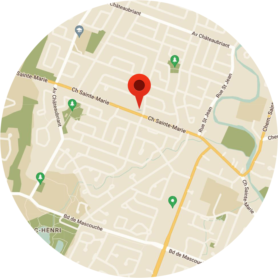 Version ronde de l’adresse et de la carte Google Maps de la clinique de kinésiologie de Joël Bérubé à Mascouche.