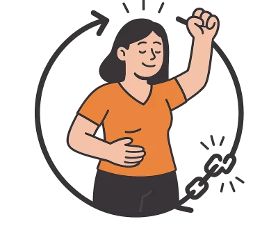 Illustration vectorielle d’une personne qui brise un cercle vicieux en cassant une chaîne, symbolisant la sortie de l’effet yoyo et une perte de poids durable axée sur la santé mentale, pour Mascouche, Blainville, Rosemère et Repentigny