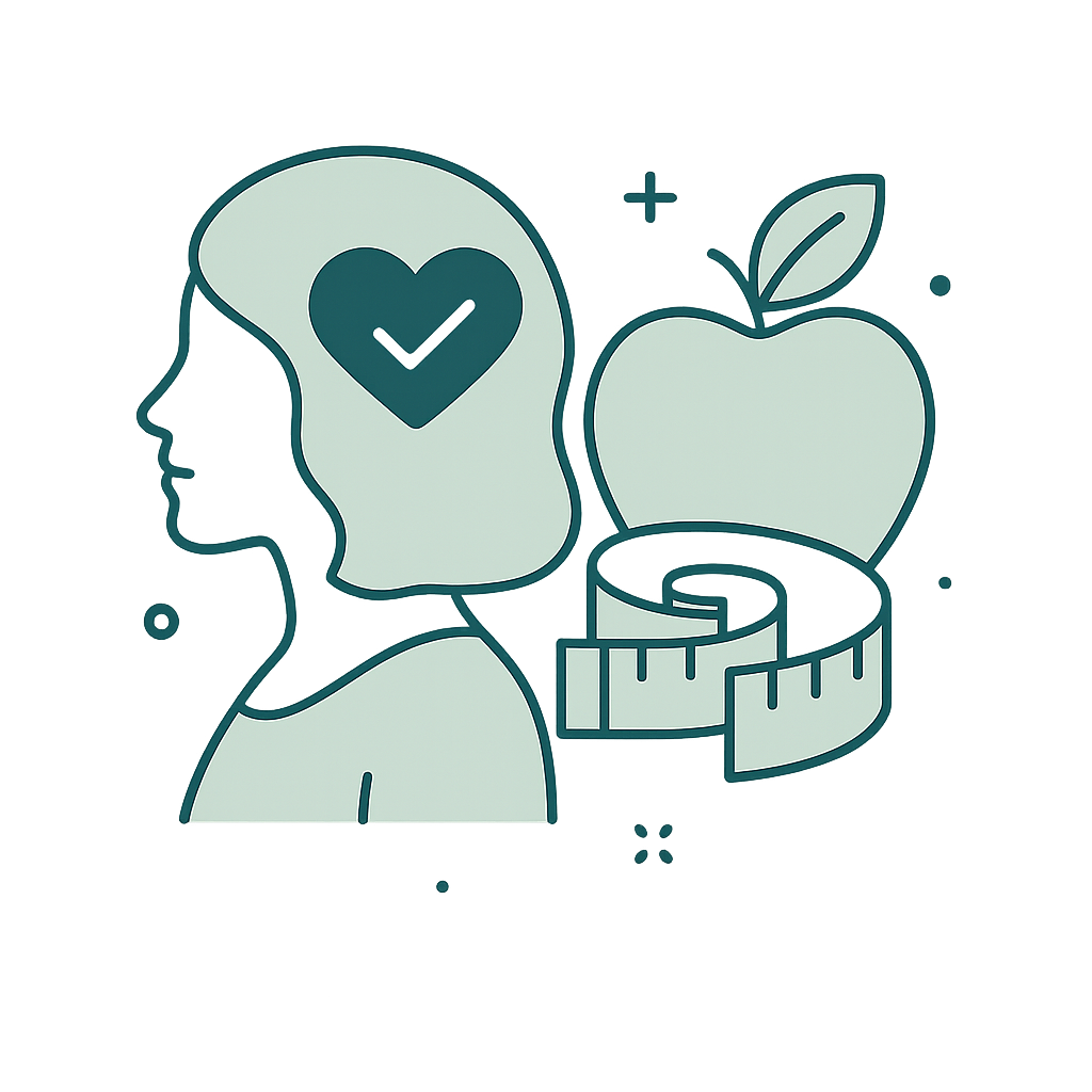 Illustration vectorielle : profil de tête avec un cœur validé, une pomme et un ruban à mesurer — approche de perte de poids centrée sur la santé mentale à Mascouche, Blainville, Rosemère et Repentigny