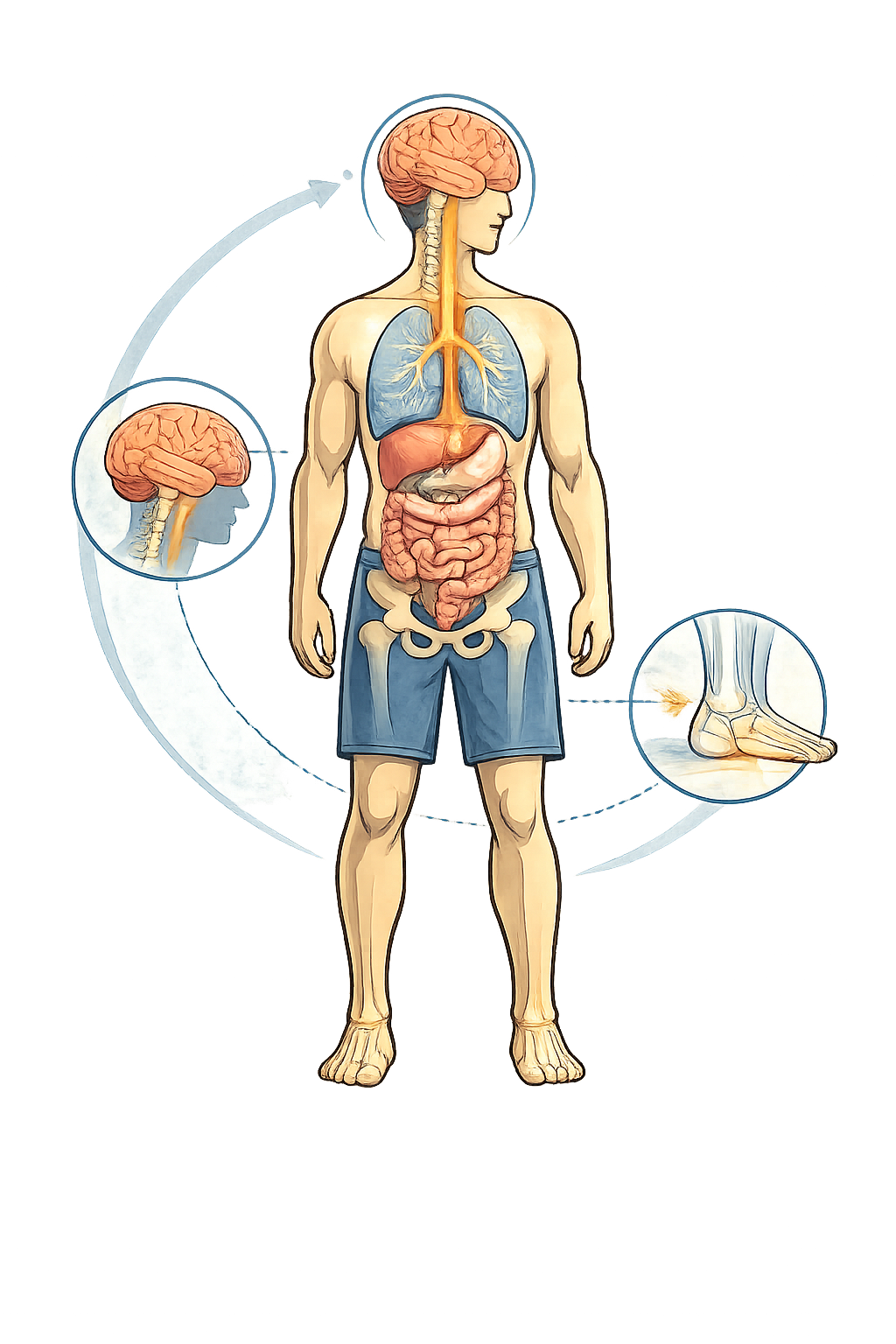 Illustration éducative du rachis et du cerveau montrant la transmission de la douleur chronique persistante